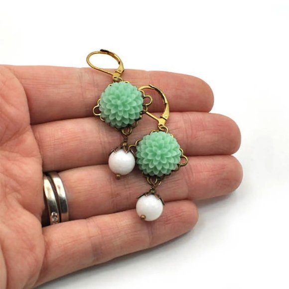 Long Green Floral Cottagecore Earrings. Handmade Jewelry by Michelle Ann - Picture 4 of 5